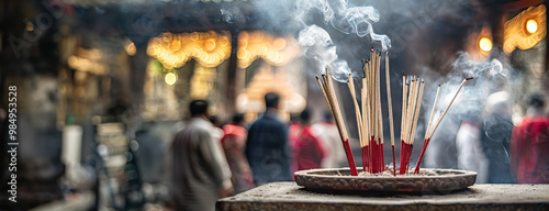 Obraz na płótnie Focus on burning incense sticks in a temple with blurred background of people and warm lights w salonie