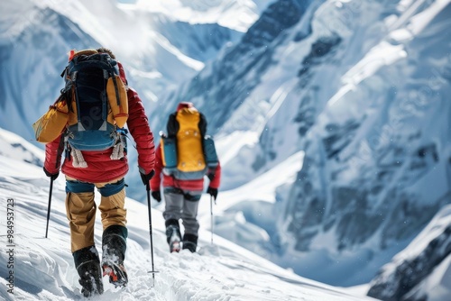 Two people are hiking up a snowy mountain, one of them wearing a red jacket, generative ai image