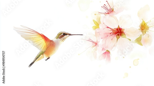 Hummingbird in Flight Approaching Watercolor Flowers