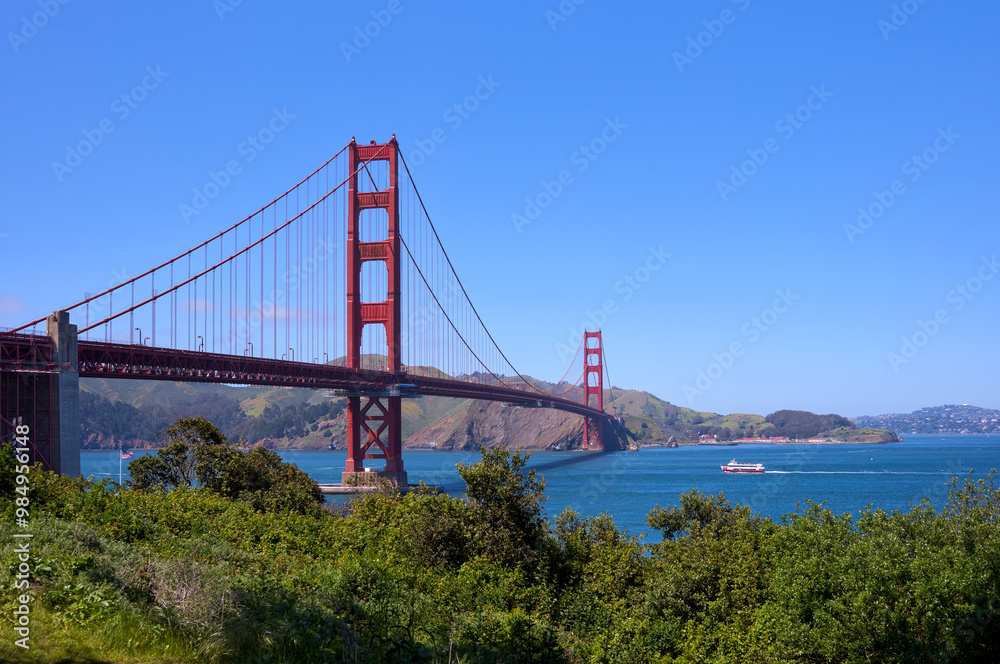 Golden Gate Bridge Overlooking San Francisco Bay on a Sunny Day Golden Gate Bridge Overlooking San Francisco Bay on a Sunny Day