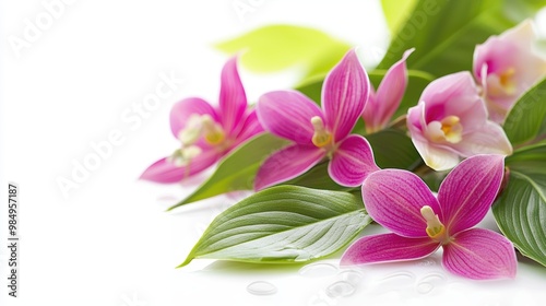 Beautiful Pink Orchids with Green Leaves and Water Droplets