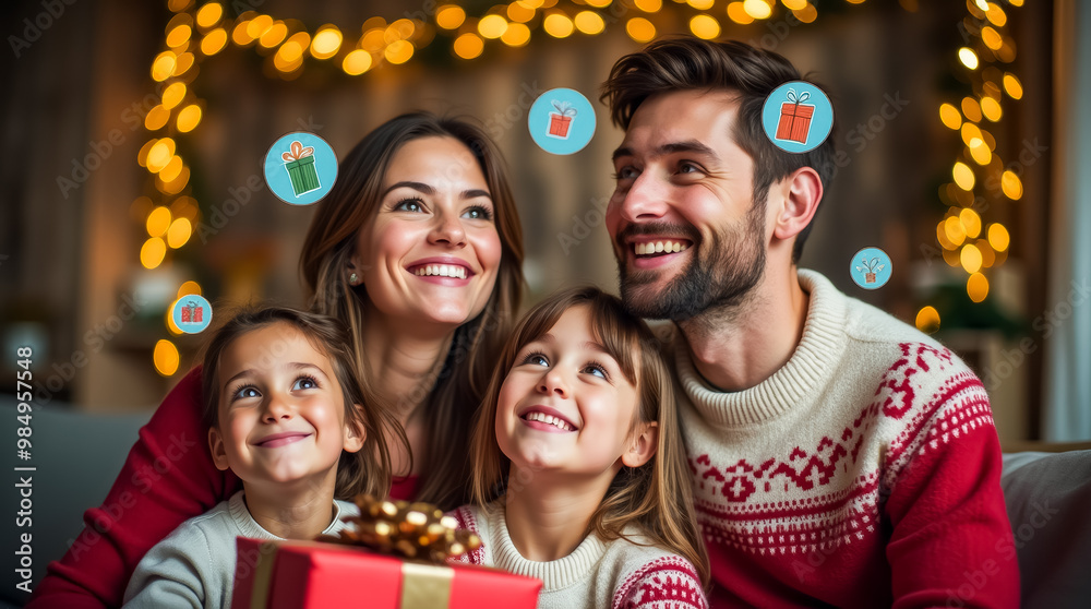 A same-sex male couple smiles alongside their two children, who gaze up dreamily, envisioning gifts during a cheerful holiday gathering filled with love A same-sex male couple smiles alongside their two children, who gaze up dreamily, envisioning gifts during a cheerful holiday gathering filled with love