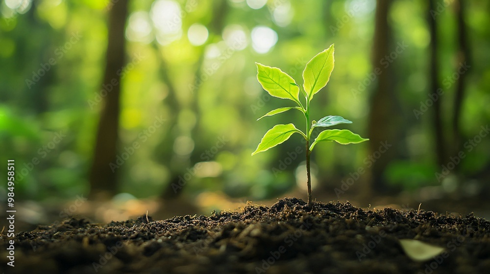 A Single Sapling Emerging from Dark Soil in a Lush Forest A Single Sapling Emerging from Dark Soil in a Lush Forest
