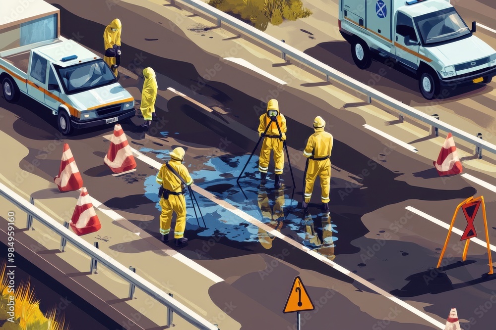 Fototapeta premium Hazmat team illustration depicting emergency response scene with professionals in protective suits handling hazardous materials on a city street during a chemical spill incident