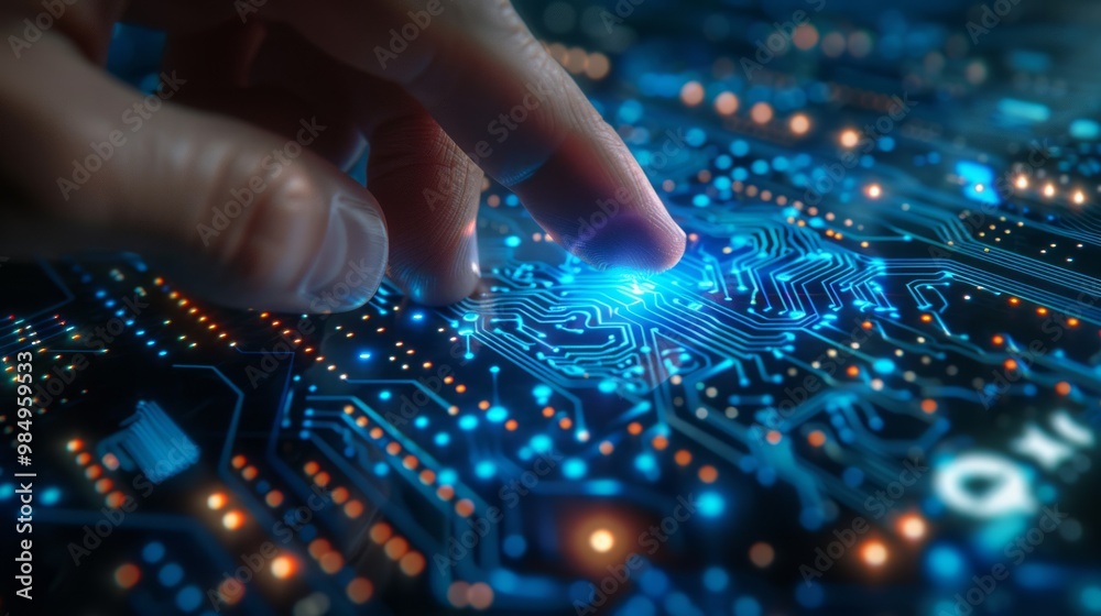 A close-up view of a finger touching a glowing fingerprint recognition interface with blue lights in a dark environment