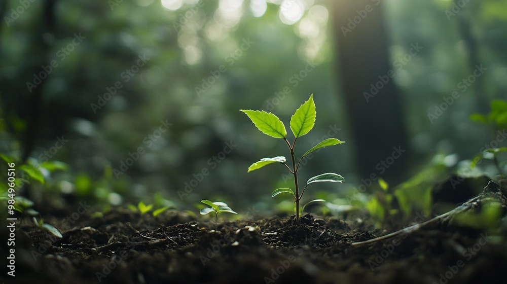 A Single Sapling Emerging from Dark Soil in a Forest A Single Sapling Emerging from Dark Soil in a Forest
