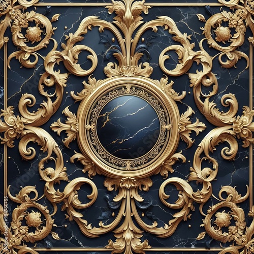 Seamless Luxury golden frame with marble pattern on blue background. 3d rendering
