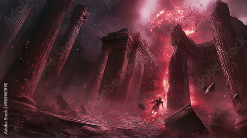 A dramatic scene of a demon wreaking havoc in an ancient, crumbling temple with shattered pillars and dark energy. photo