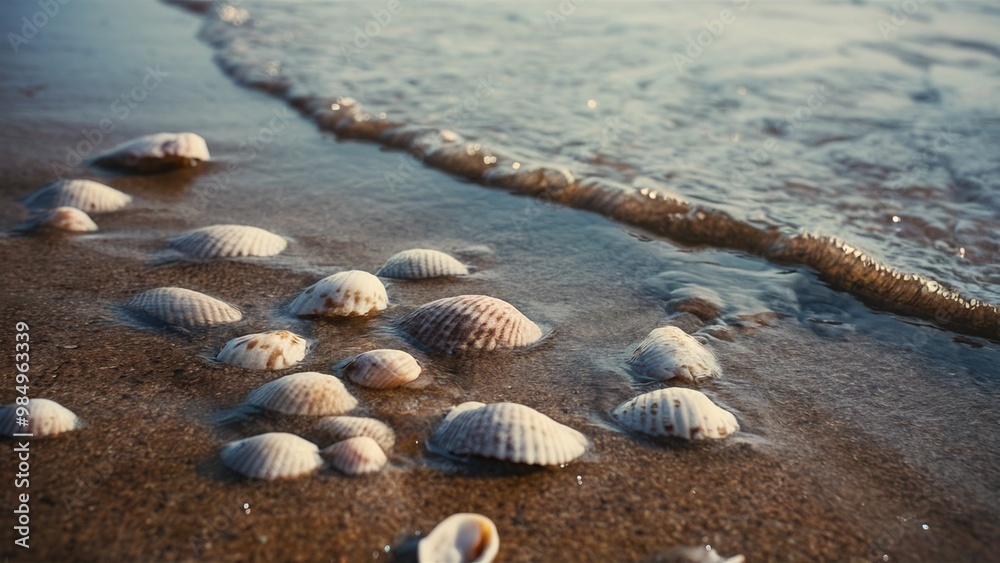 Seashells on wet sand as a wave recedes under soft sunlight Seashells on wet sand as a wave recedes under soft sunlight