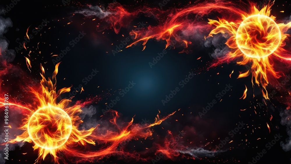 A vibrant abstract design featuring fiery suns and swirling flames against a dark backdrop. A vibrant abstract design featuring fiery suns and swirling flames against a dark backdrop.