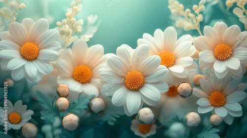 Floral composition featuring flowers at various stages of growth. The petals are bright and delicate accents add a touch of elegance