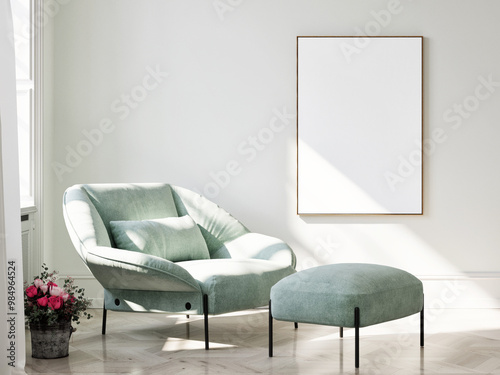 Minimalism living room with mock up poster on the wall background, 3d illustration.