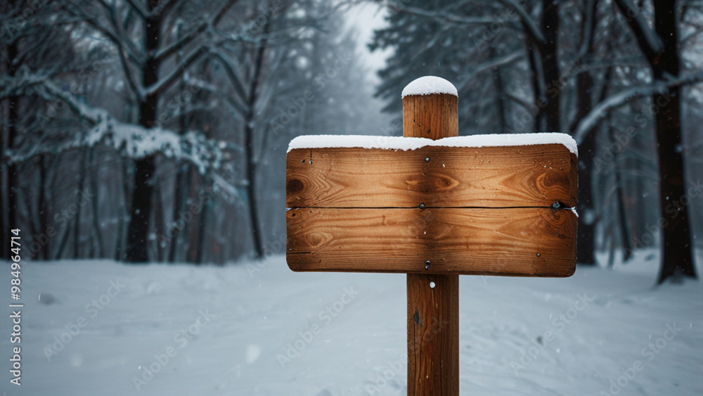 Naklejka premium A rustic wooden signpost stands in a blanket of freshly fallen snow in the mountain forest
