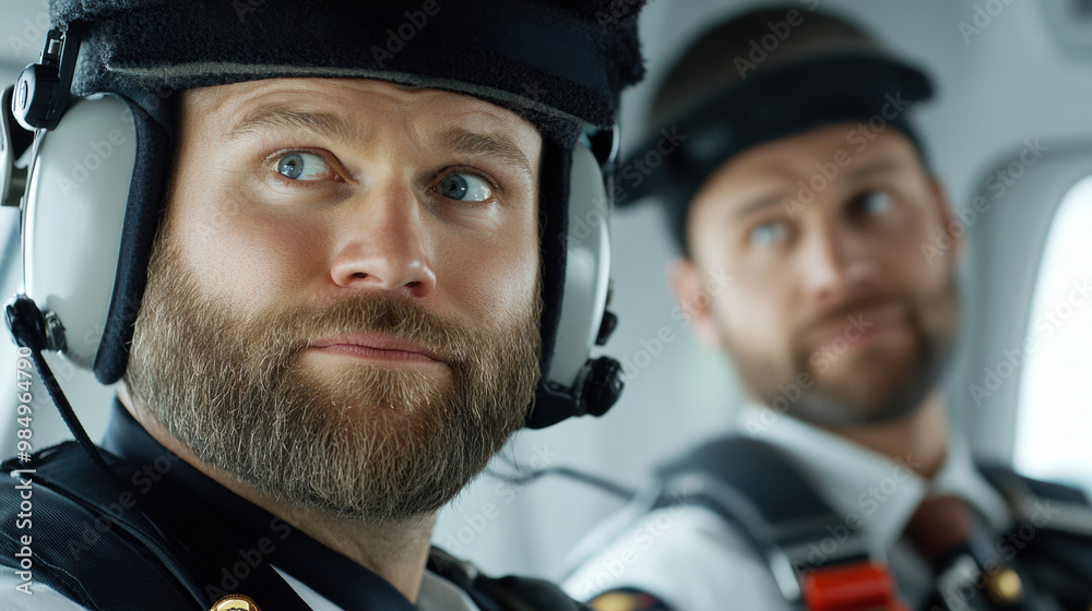 Two men in uniform with headsets and goggles on, AI Two men in uniform with headsets and goggles on, AI