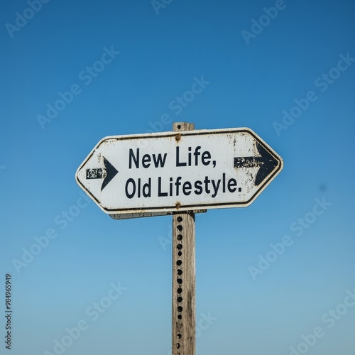 a street sign with arrows pointing to the right and text "new life old lifestyle", against blue background