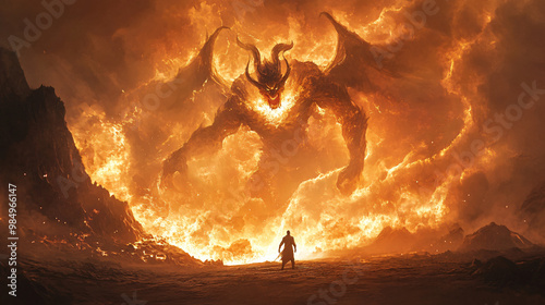A dramatic scene of a demon unleashing a storm of fire and brimstone from a desolate wasteland.