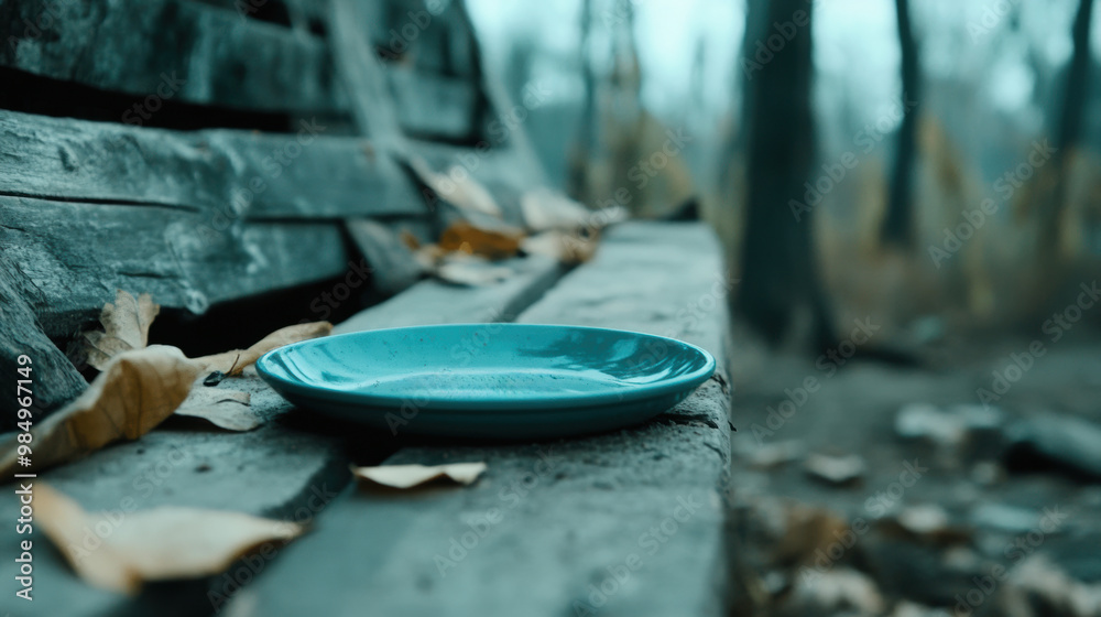 A blue plate sitting on a wooden bench with leaves, AI A blue plate sitting on a wooden bench with leaves, AI