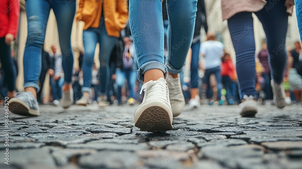 Low angle view of crowd of people walking on a cobblestone street, anonymous feet and legs in motion Low angle view of crowd of people walking on a cobblestone street, anonymous feet and legs in motion
