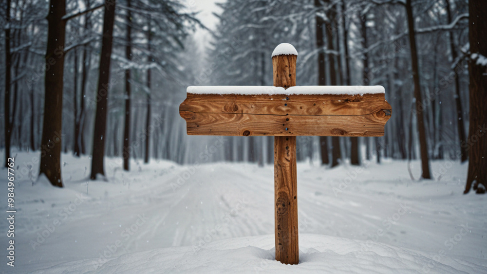 Naklejka premium A rustic wooden signpost stands in a blanket of freshly fallen snow in the mountain forest