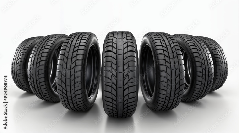 Set of seven black car tires aligned on a white background Set of seven black car tires aligned on a white background