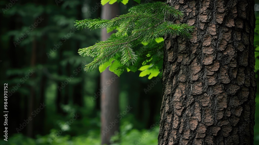 Obraz premium A low-angle perspective reveals the intricate textures of a pine tree trunk, bathed in moody lighting, highlighting the dark green and brown hues of the forest