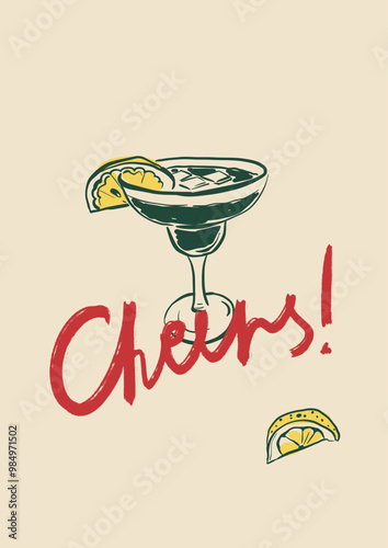 Vector poster with Margarita cocktail and hand-letter motivation phrase Cheers. Hand-drawn linear card isolated on beige background. Illustration for design, print, fabric or background.