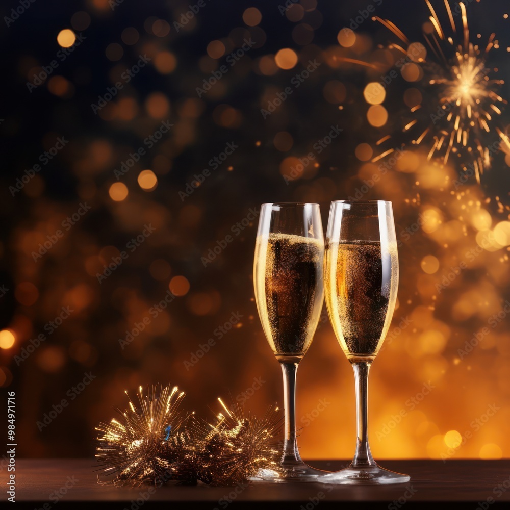 Two Champagne Flutes Against a Festive Fireworks Background