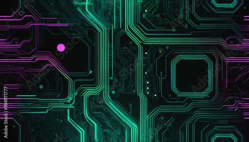 Circuit carte sd réseau neurone internet wifi ordinateur composant vert violet électronique néon puce processeur.