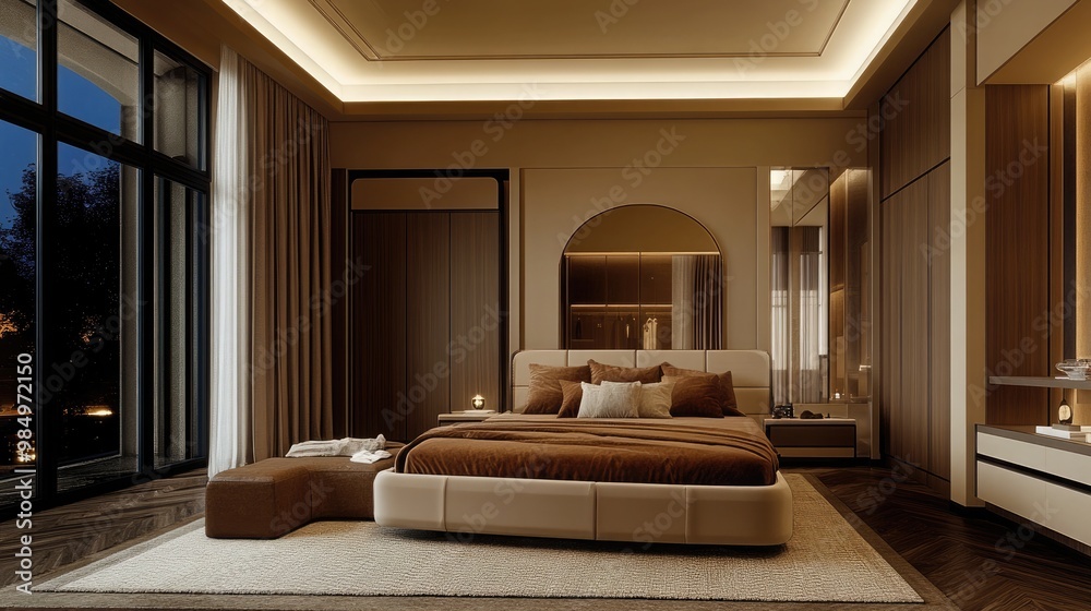 This serene bedroom showcases a minimalist design with beige fabric bedding and wooden accents, complemented by soft lighting and a peaceful atmosphere enhanced by large windows. This serene bedroom showcases a minimalist design with beige fabric bedding and wooden accents, complemented by soft lighting and a peaceful atmosphere enhanced by large windows.