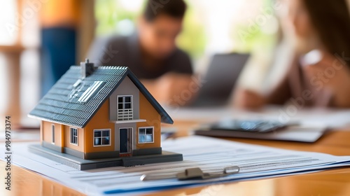 Real Estate Agent and Customers Discussing Buying or Renting a House with Insurance and Loan Options in the Background photo