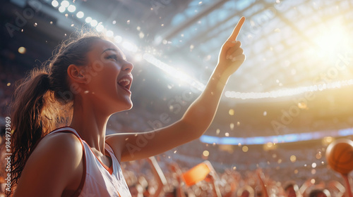 close-up of a stunning female NBA fan holding a foam finger and cheering passionately, with the stadium's colorful banners and excited crowd blurred in the background, showcasing h