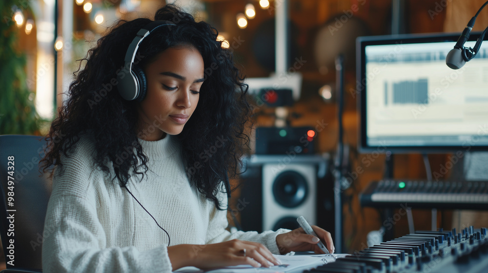wide shot of a young woman host preparing for a podcast session, adjusting her headphones and checking her notes, with colorful decor and equipment in the background that highlight wide shot of a young woman host preparing for a podcast session, adjusting her headphones and checking her notes, with colorful decor and equipment in the background that highlight
