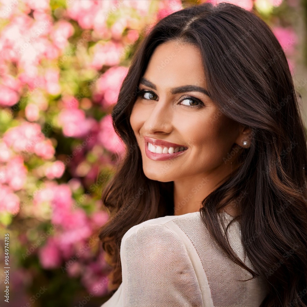 beautiful young woman floral background, AI generated