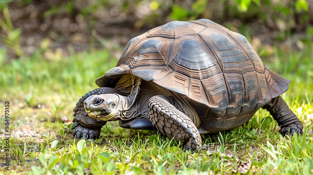 A tortoise walking through the grass, its large shell casting a shadow on the ground A tortoise walking through the grass, its large shell casting a shadow on the ground