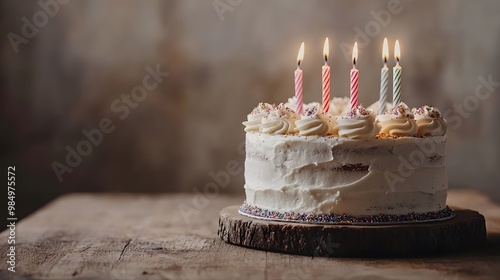 Inspirational Birthday Cake with Six Lit Candles and Artistic Cupcakes for a Memorable Celebration photo