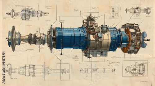 Detailed blueprint of a futuristic spacecraft, with labeled components, surrounded by technical drawings.