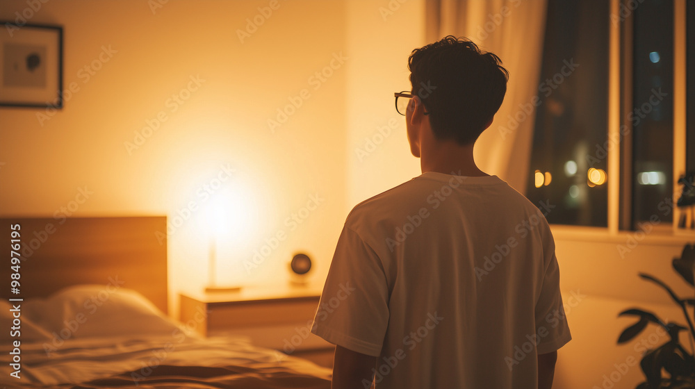 candid shot of a young man pacing in his modern bedroom at night, visibly stressed and exhausted from lack of sleep, with ambient lighting that highlights the serene yet uneasy atm candid shot of a young man pacing in his modern bedroom at night, visibly stressed and exhausted from lack of sleep, with ambient lighting that highlights the serene yet uneasy atm