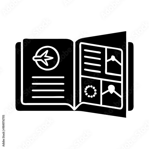 Black travel guidebook icon with a minimalist design on a white background