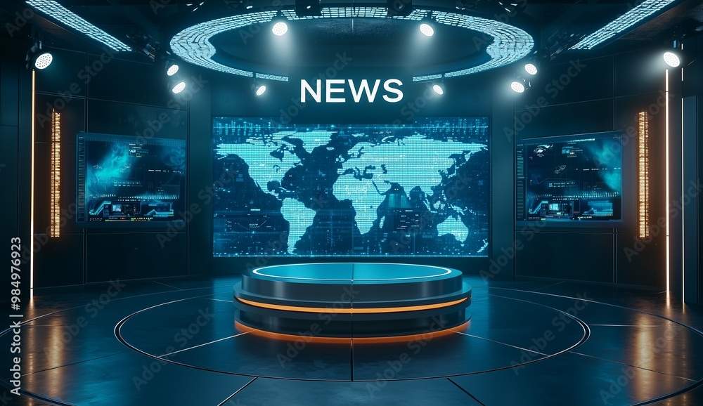 A modern and dynamic newsroom set, featuring a sleek news desk with the word A modern and dynamic newsroom set, featuring a sleek news desk with the word