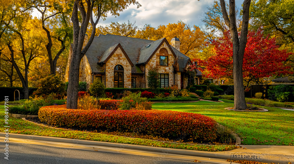 Beautiful Texas home with a lush yard, vibrant autumn foliage, and rich fall colors.