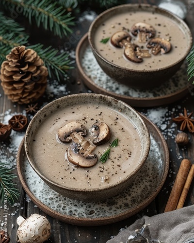 Creamy mushroom soup served in rustic bowls, garnished with sliced mushrooms and herbs, Ideal for food blogs, recipe books, or cozy dining settings, highlighting home-cooked meals and seasonal decor,