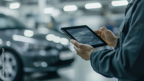 close-up shot of a technician using a diagnostic tool on a car's dashboard, displaying data on a tablet, with the service shop in the background, emphasizing the integration of tec