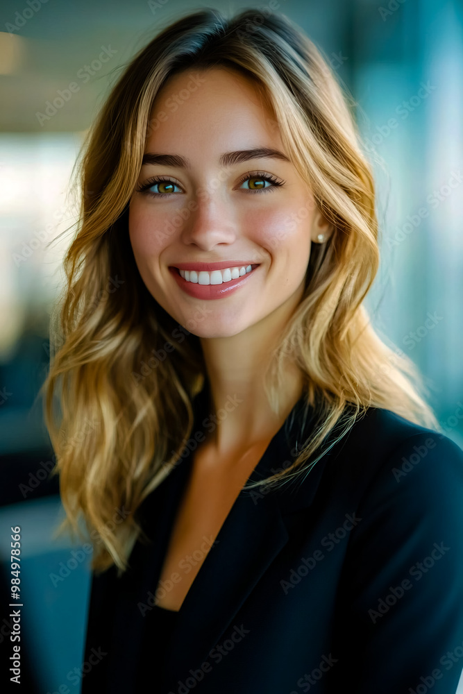 Close-up corporate portrait of a young lady smiling in an office setting. Close-up corporate portrait of a young lady smiling in an office setting.