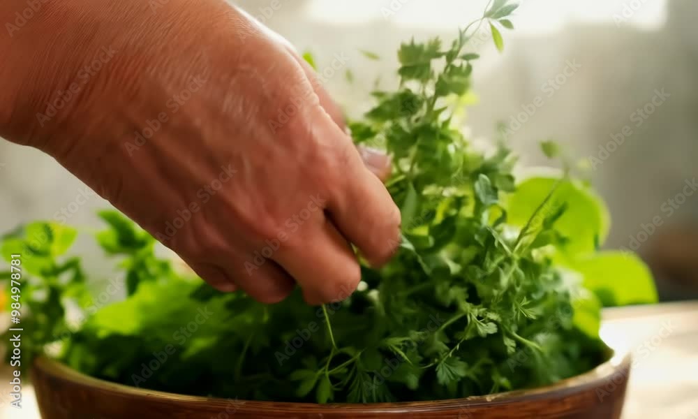 Freshly picked herbs in a bowl Video hyperrealistic Freshly picked herbs in a bowl Video hyperrealistic
