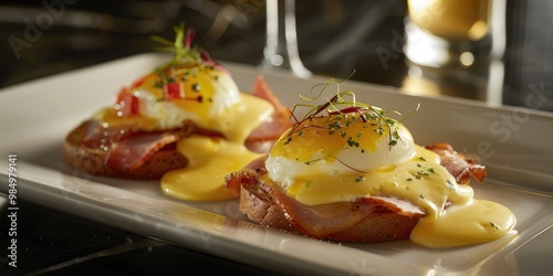 Delectable Brunch Cuisine Photography Featuring Eggs, Ham, and Hollandaise Sauce photo