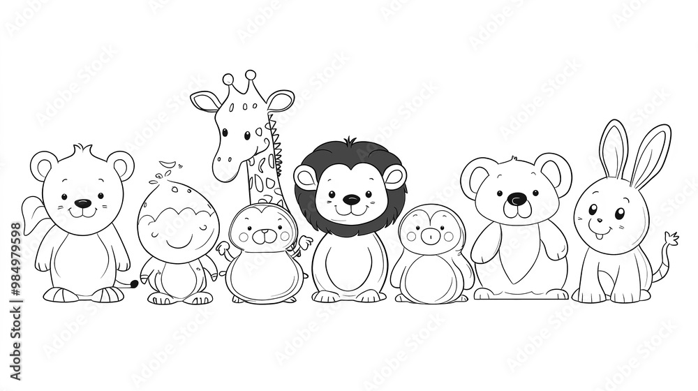 Obraz premium Coloring book page featuring a group of 8 different cute animals in a simple line art style.