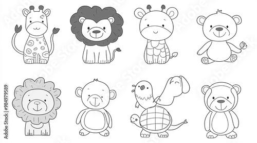 Coloring book page featuring a group of 8 different cute animals in a simple line art style.