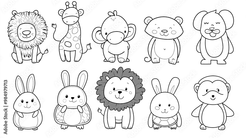Coloring book page featuring a group of ten different cute animals in a simple line art style. Coloring book page featuring a group of ten different cute animals in a simple line art style.