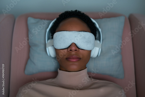 Ketamine therapy session for mental health, patient with eye mask and headphones resting on gray pillow