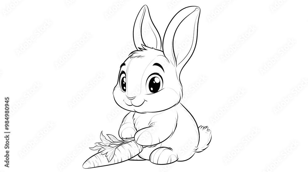 A cute bunny sitting with its large ears perked up, holding a carrot designed as a children's coloring book illustration. A cute bunny sitting with its large ears perked up, holding a carrot designed as a children's coloring book illustration.
